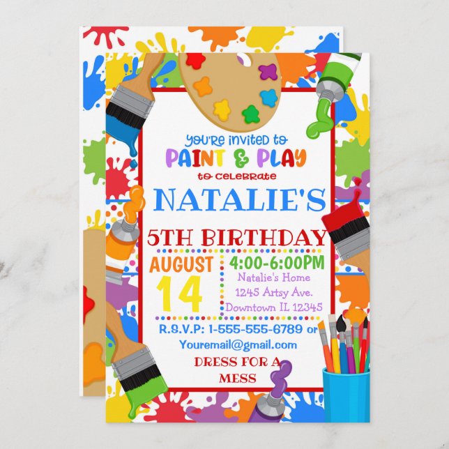 Invitation à une fête d'anniversaire peinture arti (Devant / Derrière)