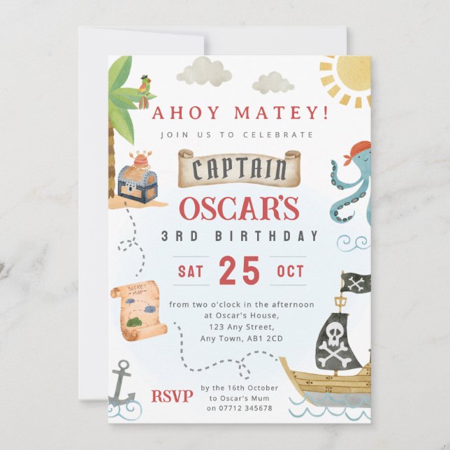 Invitation à une fête d'anniversaire pirate Ahoy M (Devant)