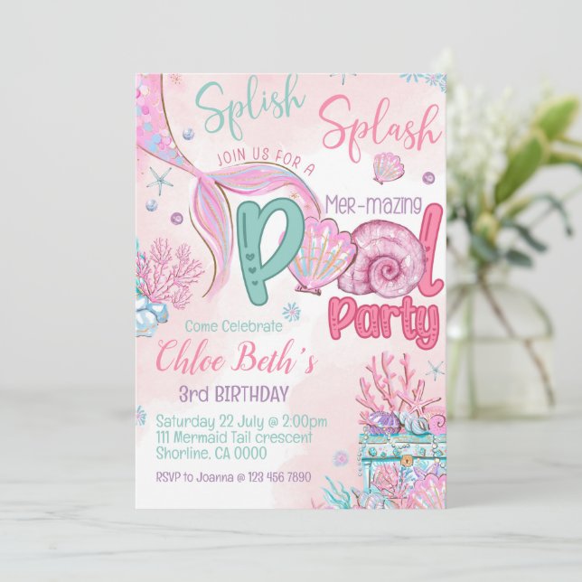 Invitation à une fête d'anniversaire piscine sirèn (Debout devant)