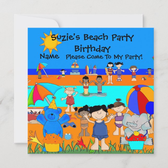 Invitation à une fête d'anniversaire plage filles  (Devant)