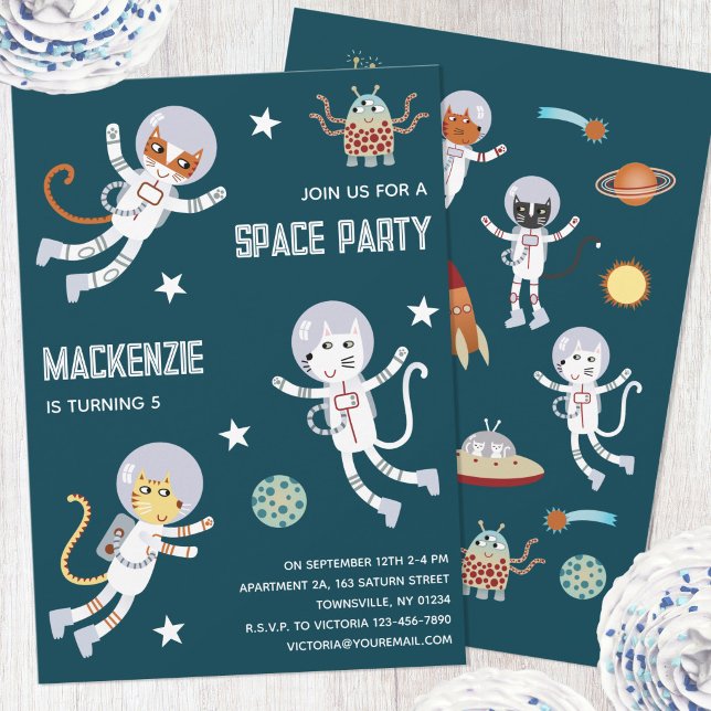 Invitation à une fête d'anniversaire pour enfants  (Fun space party cat astronaut personalized kids birthday party invitation)