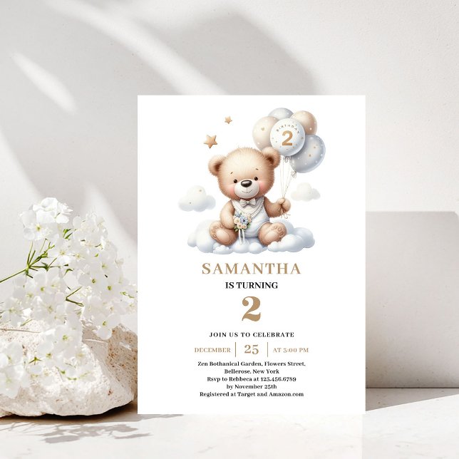 Invitation à une fête d'anniversaire pour les 2 an (2nd Birthday Party Invite Teddy Bear Gold Theme)