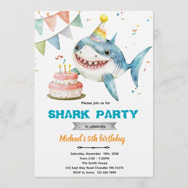 Invitation à une fête d'anniversaire requin (Devant)