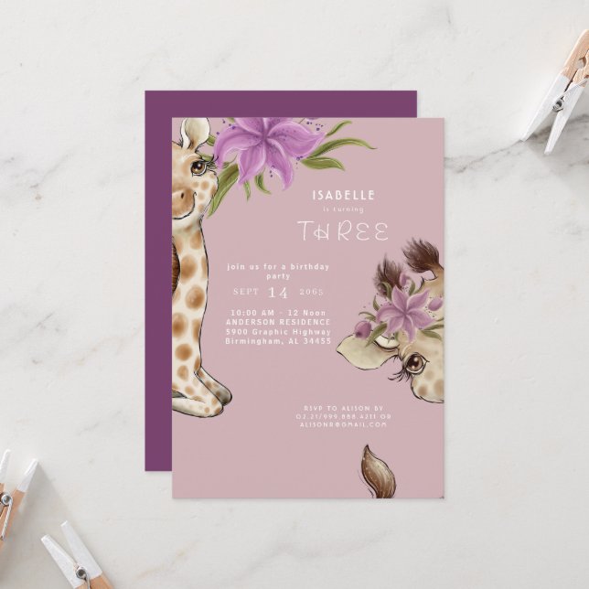 Invitation à une fête d'anniversaire rose pour béb (Devant/Arrière en situation)