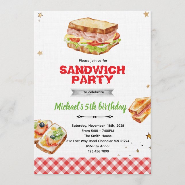 Invitation à une fête d'anniversaire sandwich (Devant)