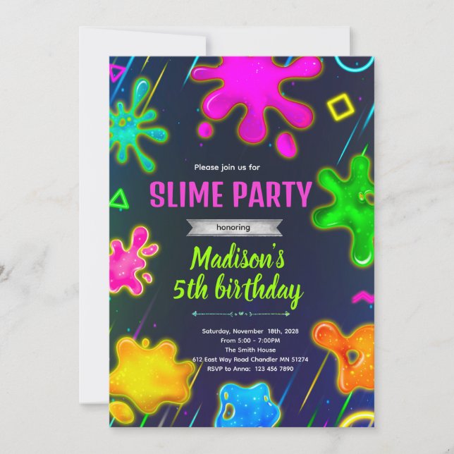 Invitation à une fête d'anniversaire slime (Devant)