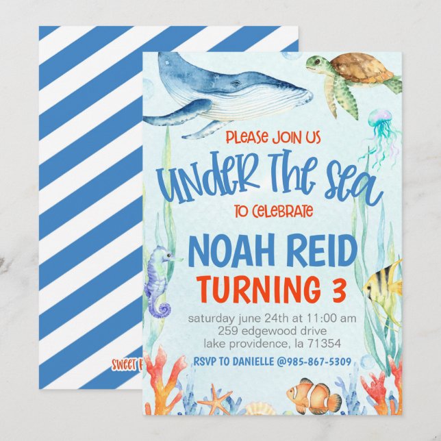 Invitation à une fête d'anniversaire sous la mer (Devant / Derrière)