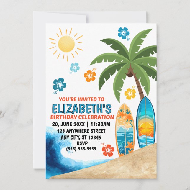 Invitation à une fête d'anniversaire sur le surf (Devant)