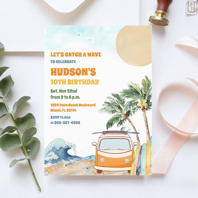 Invitation à une fête d'anniversaire Surf sur la p (Créateur téléchargé)
