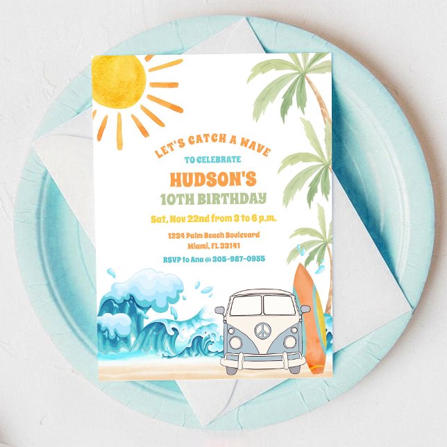 Invitation à une fête d'anniversaire Surf sur la p (Créateur téléchargé)