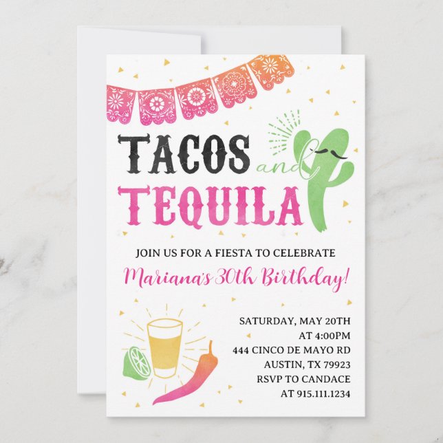 Invitation à une fête d'anniversaire Tacos et Tequ (Devant)