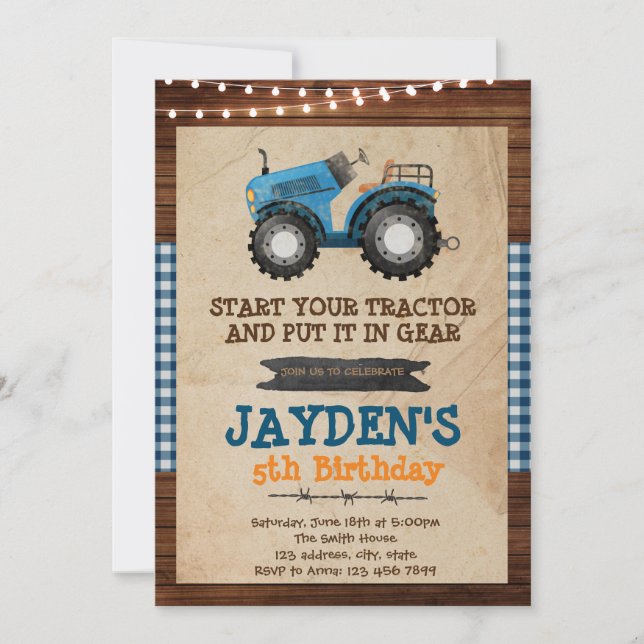 Invitation à une fête d'anniversaire tracteur bleu (Devant)