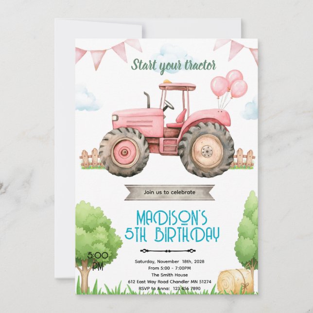 Invitation à une fête d'anniversaire tracteur rose (Devant)