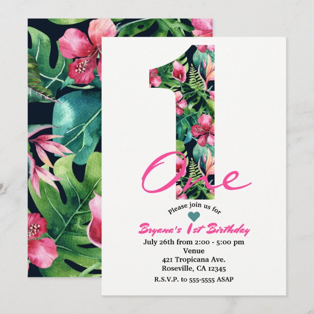 Invitation à une fête d'anniversaire Tropical 1 Un (Devant / Derrière)