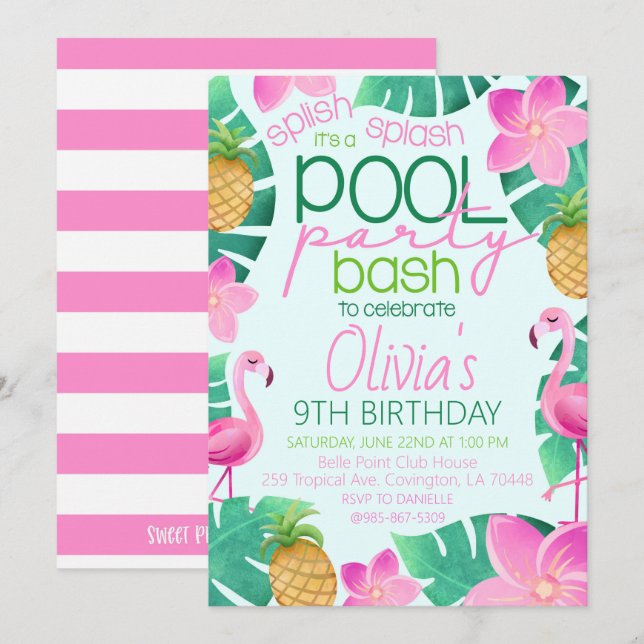 Invitation à une fête d'anniversaire Tropical Pool (Devant / Derrière)
