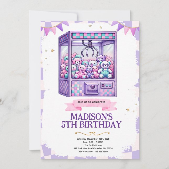 Invitation à une fête d'arcade avec machine à grif (Devant)