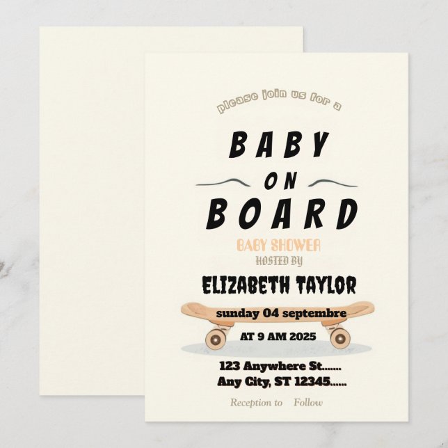 Invitation à une fête de Baby Shower avec skateboa (Devant / Derrière)