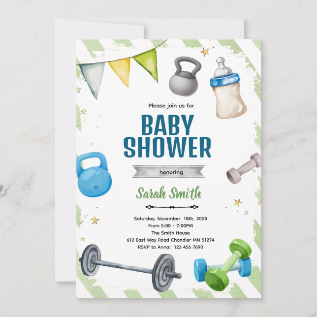 Invitation à une fête de baby shower de gym (Devant)