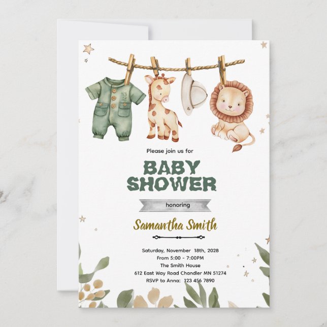 Invitation à une fête de baby shower safari (Devant)