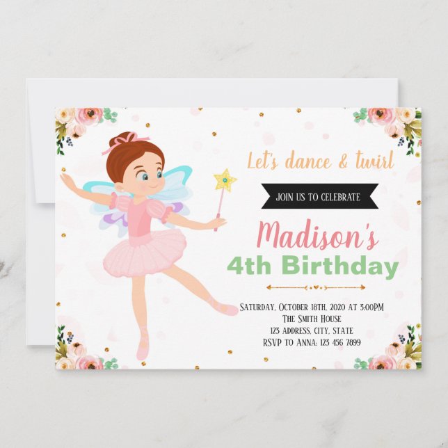 Invitation à une fête de ballerine fée (Devant)