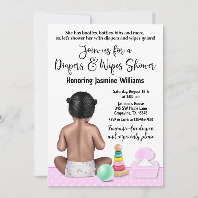 Invitation à une fête de bébé fille avec couche (Devant)