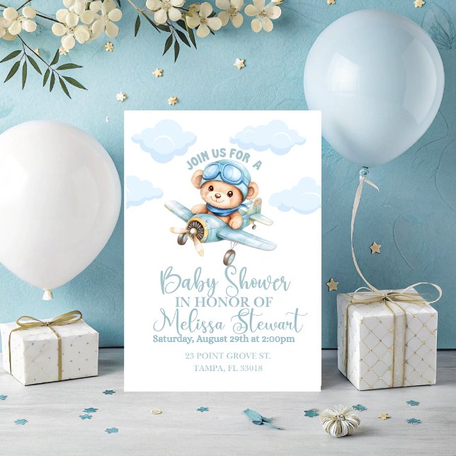 Invitation à une fête de bébé garçon avion (baby boy airplane baby shower invitation. )