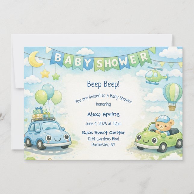 Invitation à une fête de bébé garçon thème voiture (Devant)