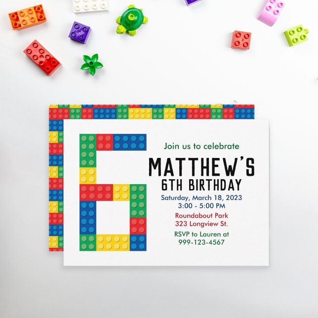 Invitation à une fête de blocs de construction pou (6th Birthday Building Block Invitation)