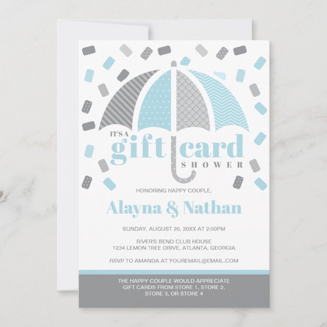 Invitation à une fête de carte-cadeau en bleu et g (Devant)