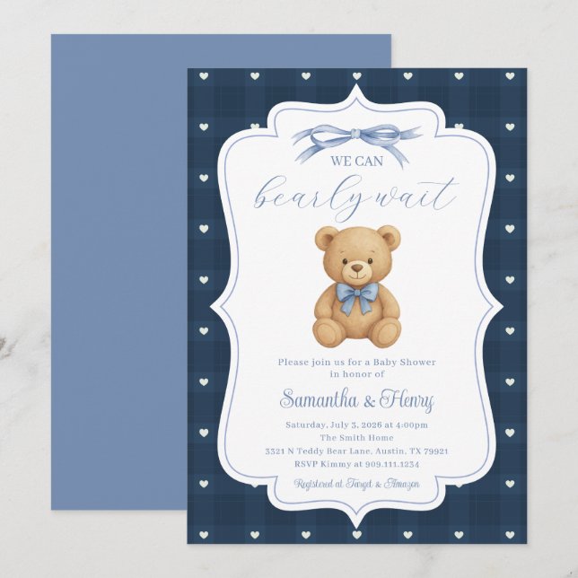 Invitation à une fête de douche de bébé Ourson en  (Devant / Derrière)
