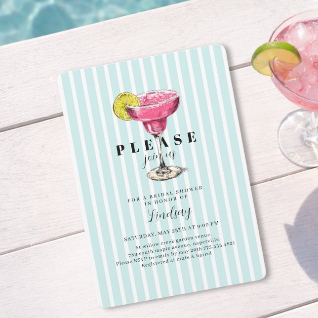 Invitation à une fête de douche de mariée sur le t (Blue Stripe Cocktail Bridal Shower Party Invitation)