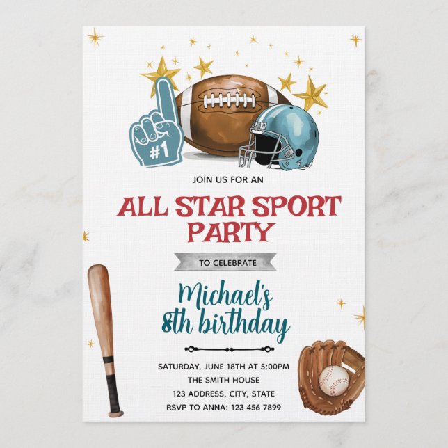 Invitation à une fête de football et de baseball (Devant)