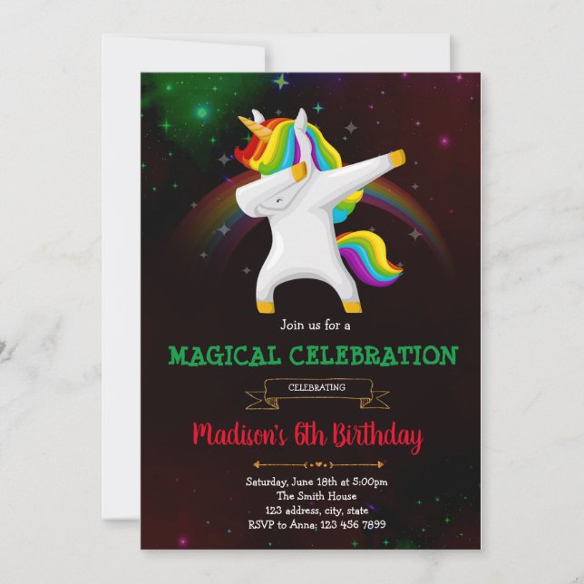 Invitation à une fête de licorne qui dabbe (Devant)