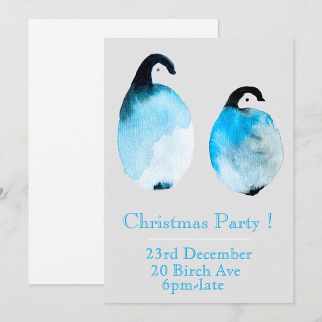 Invitation à une fête de Noël avec manchot bleu hi (Devant / Derrière)