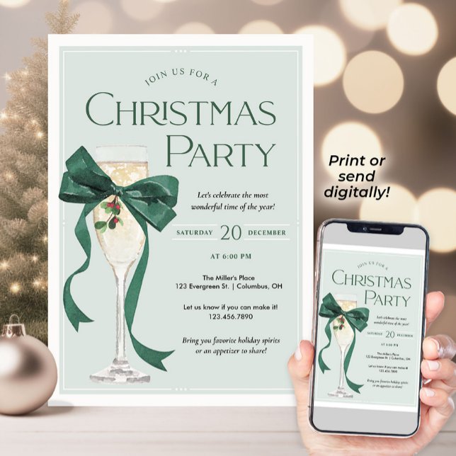 Invitation à une fête de Noël avec un nœud vert (Set the tone for a stylish holiday gathering with this elegant Christmas Party invitation. A classic)