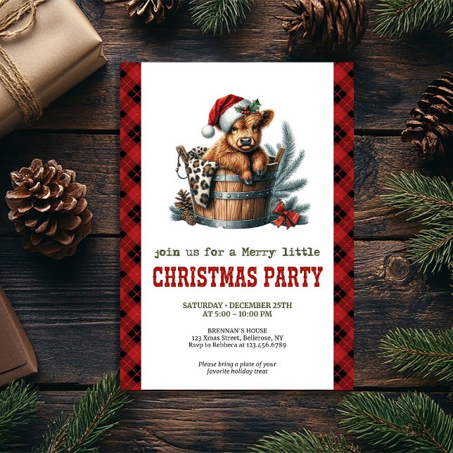 Invitation à une fête de Noël avec une vache des H (Rustic watercolor Highland cow Christmas invite, fully editable for your event.)