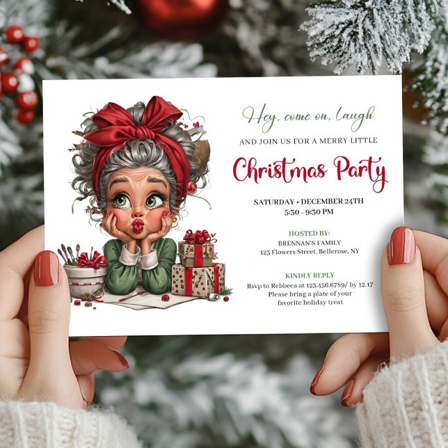 Invitation à une fête de Noël de grand-mère comiqu (Cheerful Christmas Grandma Comic Party Invitation)