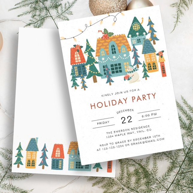 Invitation à une fête de Noël rétro (Retro Holiday Houses Party Invitation by Painted Paperie)