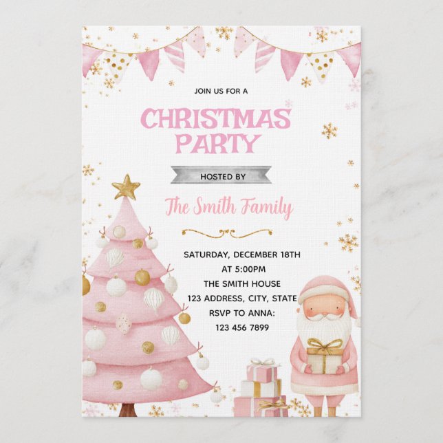 Invitation à une fête de Noël rose (Devant)