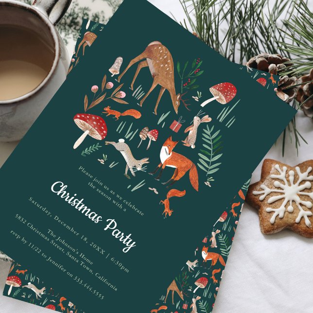 Invitation à une fête de Noël verte sur le thème d (Woodland Animals Green Christmas Party Invitation)