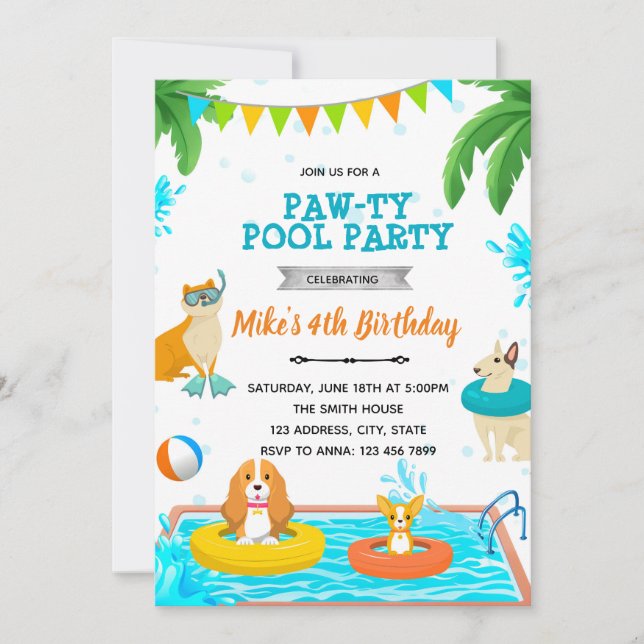 Invitation à une fête de piscine pour chiots (Devant)