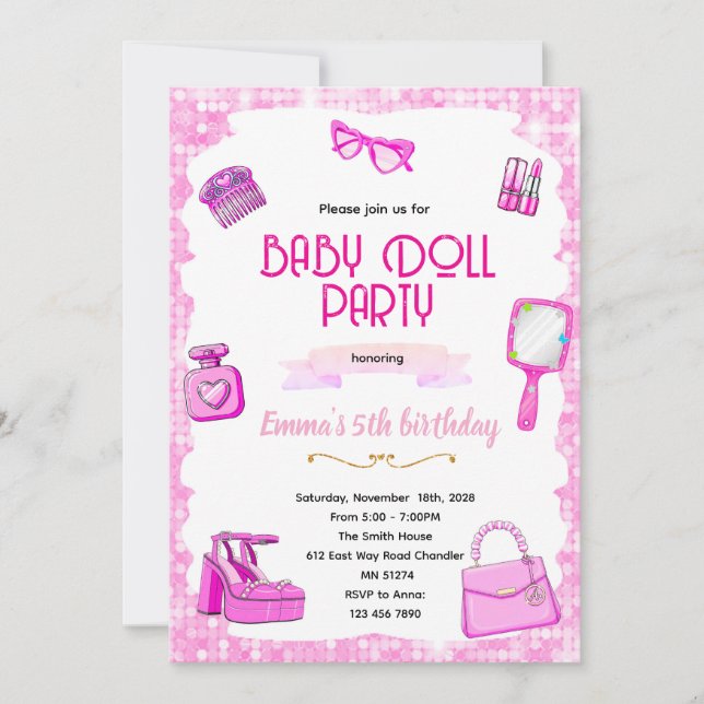 Invitation à une fête de poupée rose (Devant)