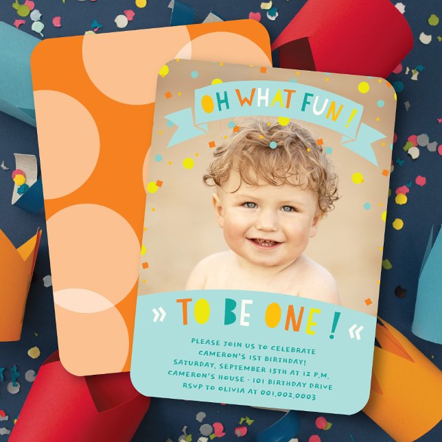 Invitation à une fête de premier anniversaire "Oh  (Oh What Fun To Be One Colorful Confetti Photo Boy 1st Birthday Party Invitation @ fatfatin)