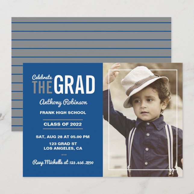 Invitation à une fête de remise des diplômes bleu  (Devant / Derrière)