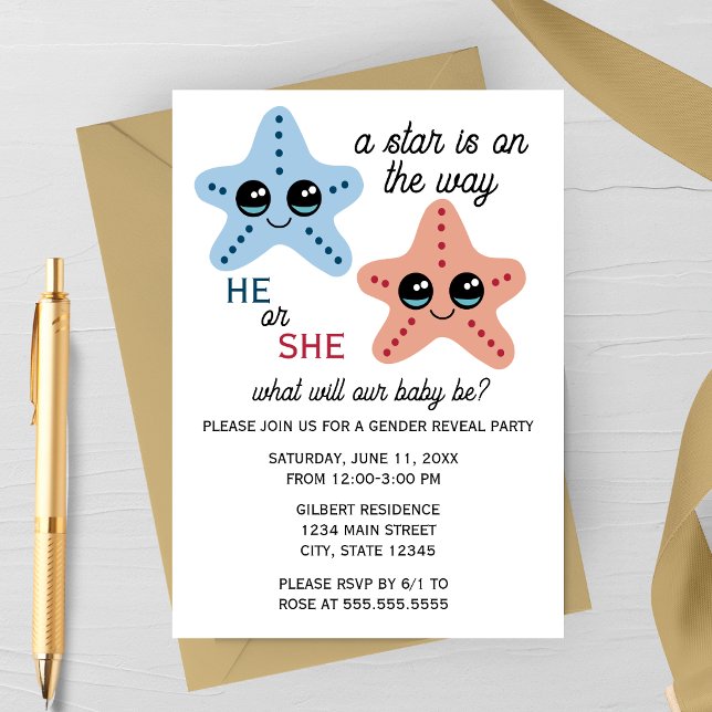Invitation à une fête de révélation du sexe de béb (Cute Starfish Gender Reveal Invitation | Summer Beach Gender Reveal | Star Themed)