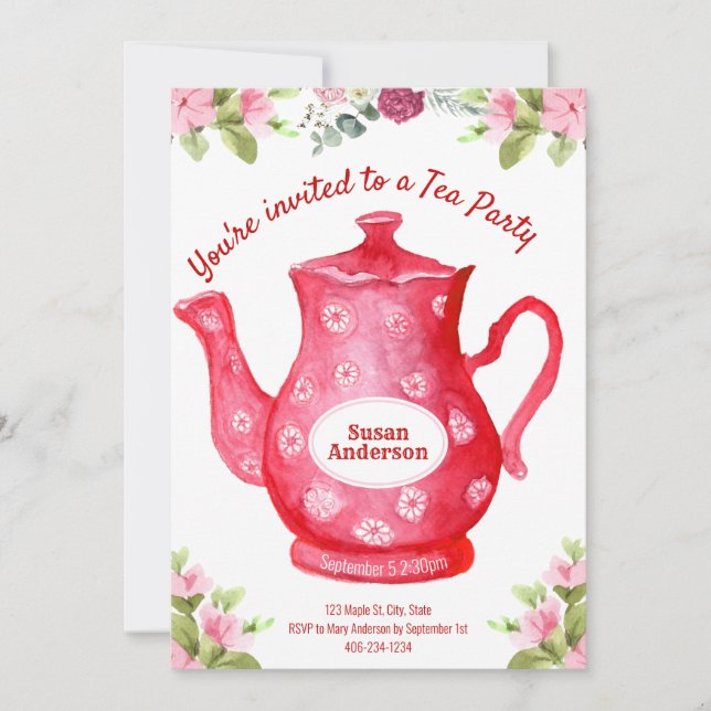 Invitation à une fête de thé à l'aquarelle avec un (Devant)