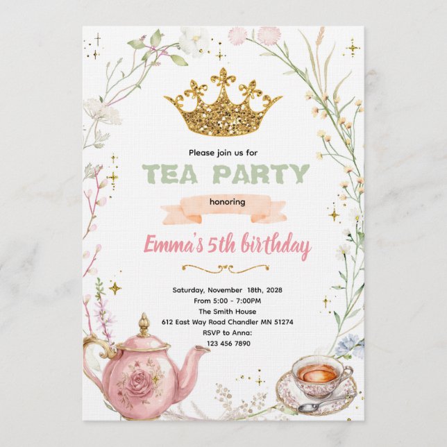 Invitation à une fête de thé de princesse mignonne (Devant)