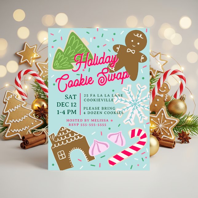Invitation à une fête d'échange de biscuits de Noë (Holiday Cookie Swap Party invitation, hand-drawn by Clearlytangled Studio.)