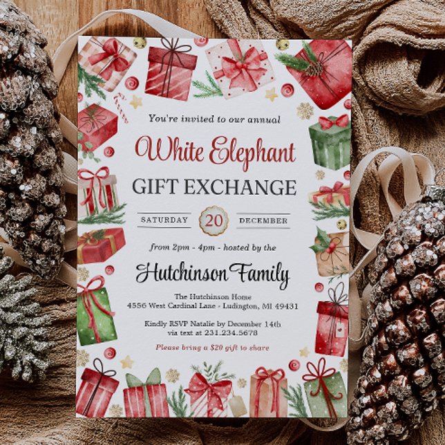 Invitation à une fête d'échange de cadeaux éléphan (White Elephant Gift Exchange Party Invitation)