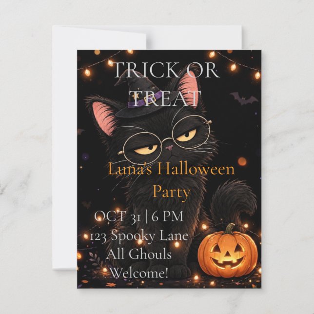 Invitation à une fête d'Halloween avec un chat noi (Devant)